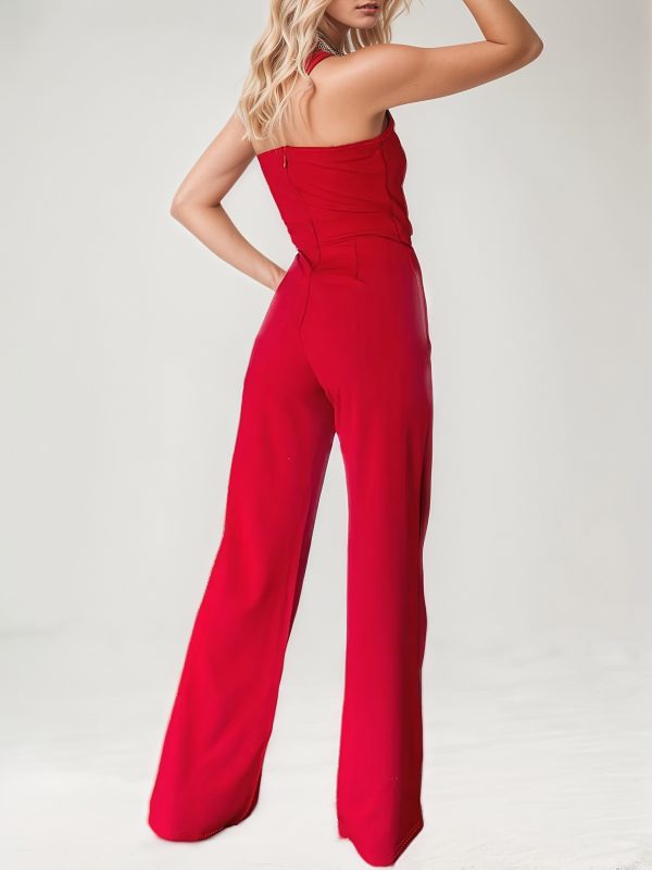 Chic Red Strapless Jumpsuit Asymmetrical Metal Buckle