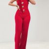 Chic Red Strapless Jumpsuit Asymmetrical Metal Buckle