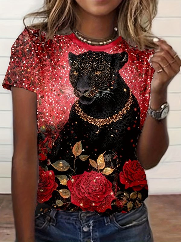 Women's Casual Leopard & Floral Print T-Shirt